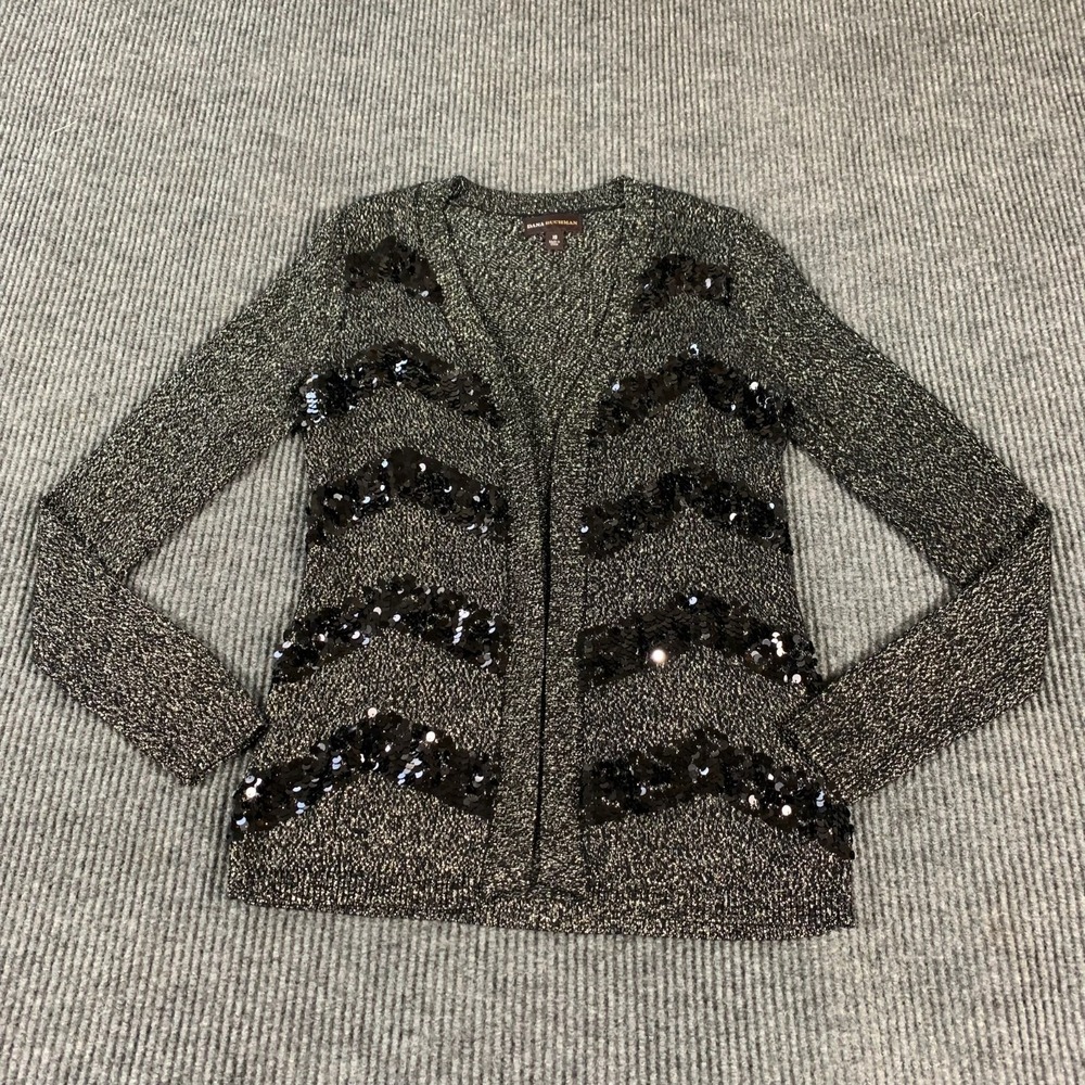 Dana Buchman Sweater Women's Extra Small Gray Open Front Sequin Metallic Flow‎